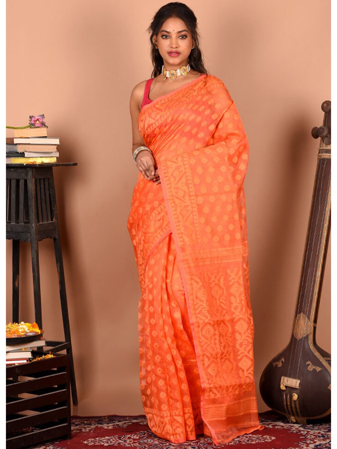 

AllSilks Woven Design Zari Pure Cotton Taant Saree, Orange