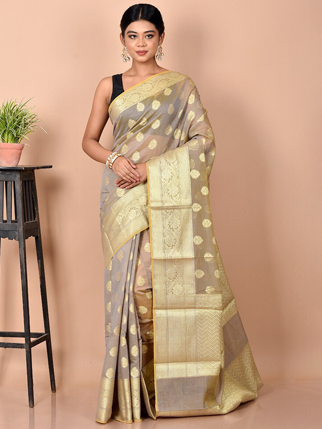 

AllSilks Floral Zari Saree, Grey
