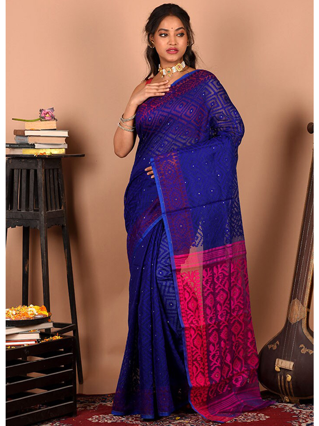 

AllSilks Woven Design Pure Cotton Taant Saree, Blue