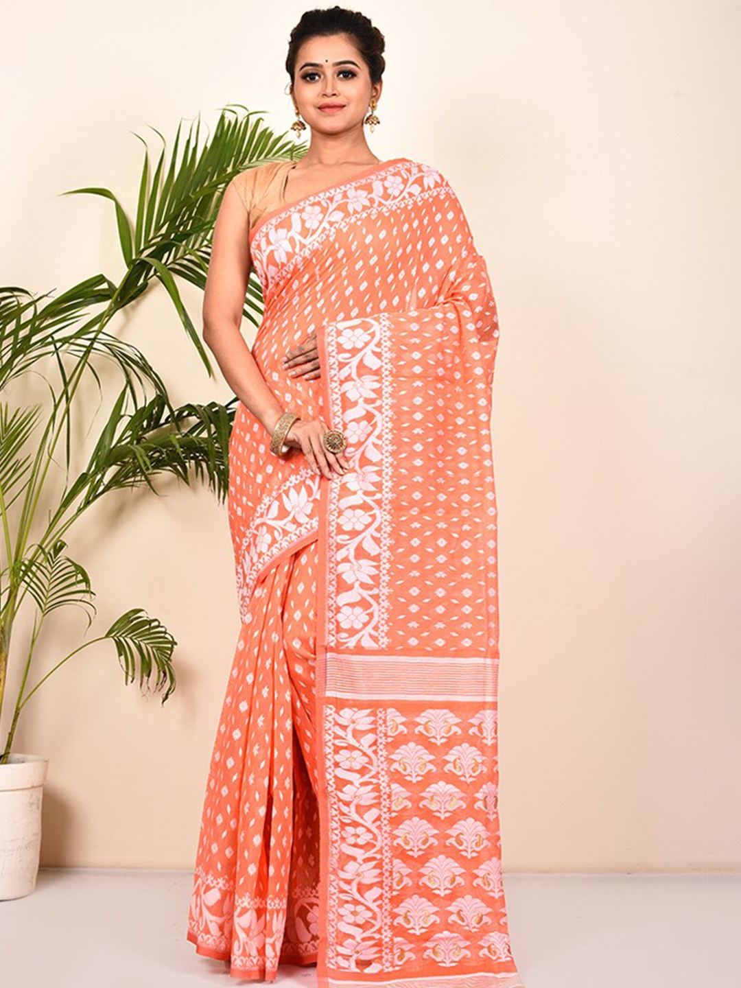 

AllSilks Ethnic Motifs Woven Design Pure Cotton Taant Saree, Peach