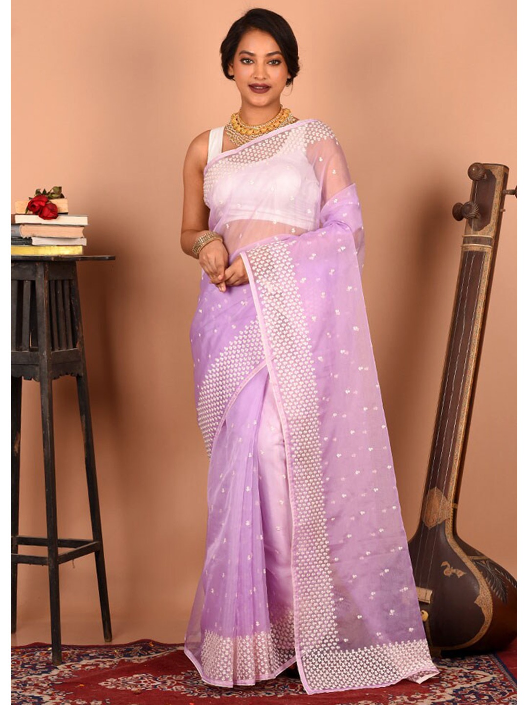 

AllSilks Floral Embroidered Saree, Mauve