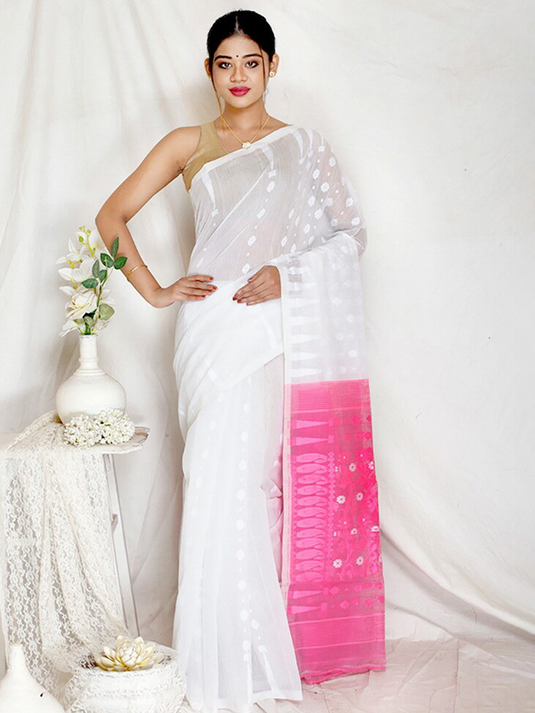 

AllSilks Woven Design Pure Cotton Taant Saree, White