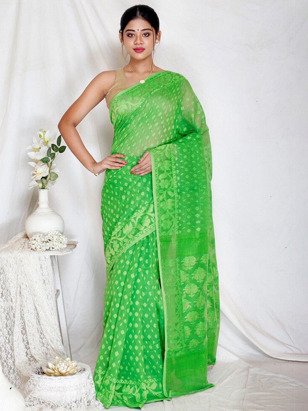 

AllSilks Ethnic Motifs Pure Cotton Taant Saree, Green