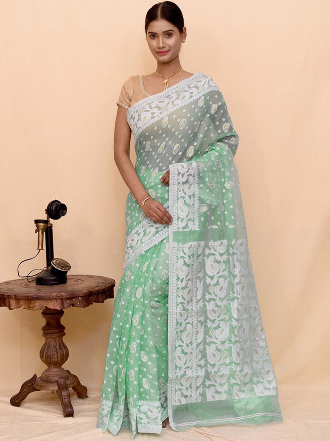 

AllSilks Ethnic Motifs Zari Pure Cotton Taant Saree, Green