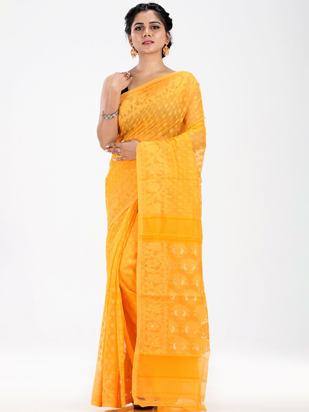 

AllSilks Floral Pure Cotton Taant Saree, Yellow