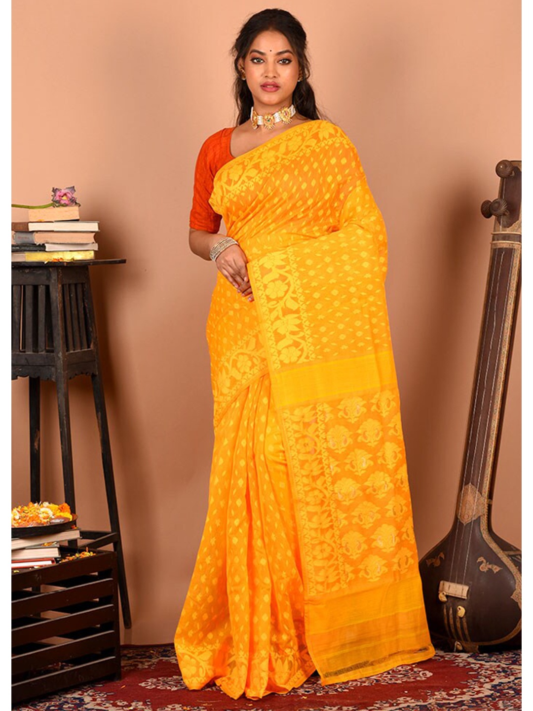 

AllSilks Woven Design Pure Cotton Taant Saree, Yellow