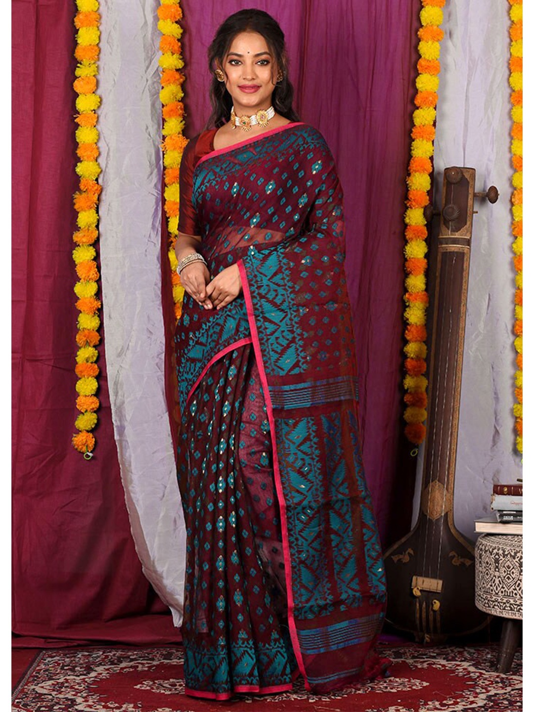 

AllSilks Woven Design Pure Cotton Taant Saree, Maroon