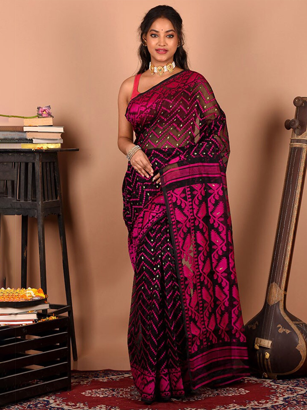 

AllSilks Woven Design Pure Cotton Taant Saree, Black