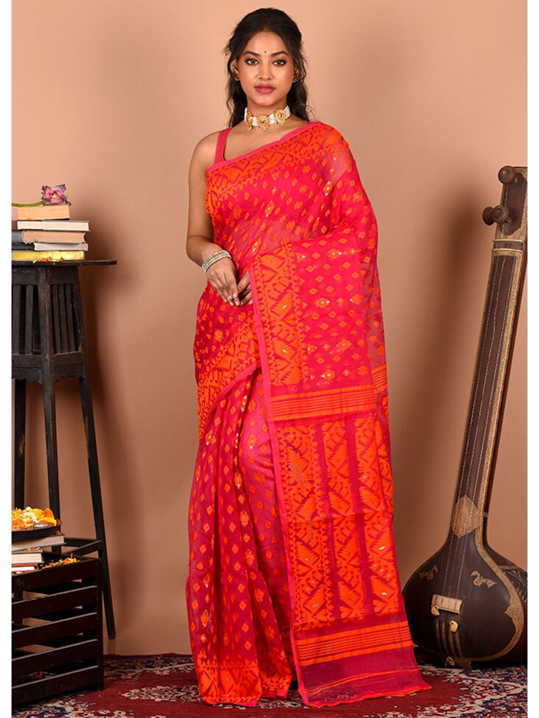 

AllSilks Woven Design Pure Cotton Taant Saree, Red
