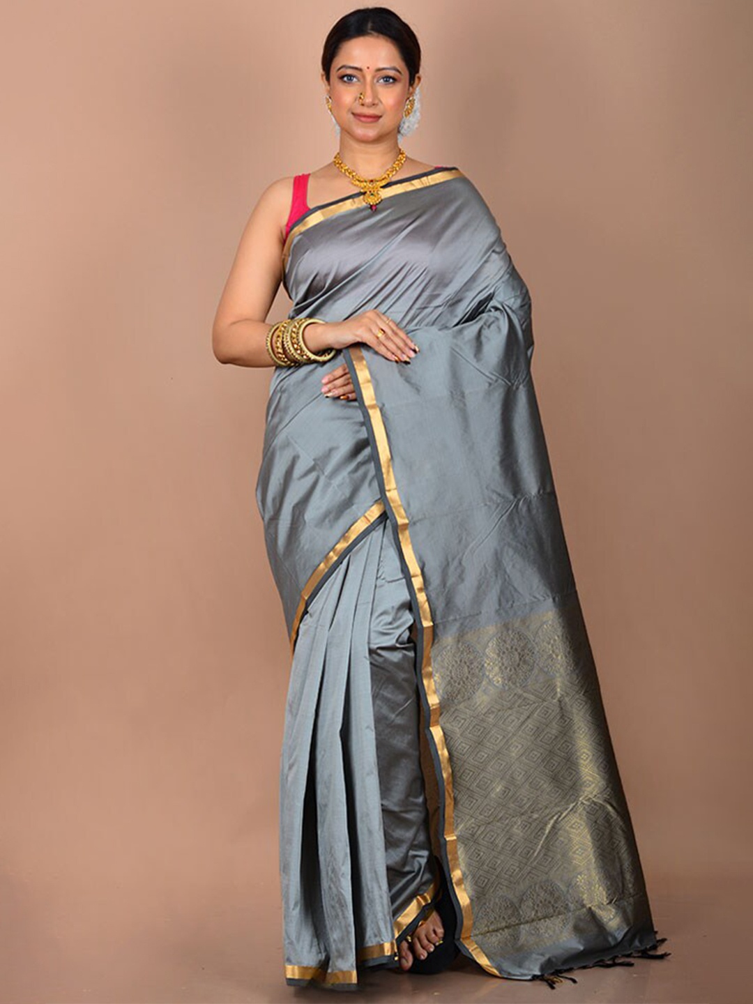 

AllSilks Zari Silk Blend Kanjeevaram Saree, Grey