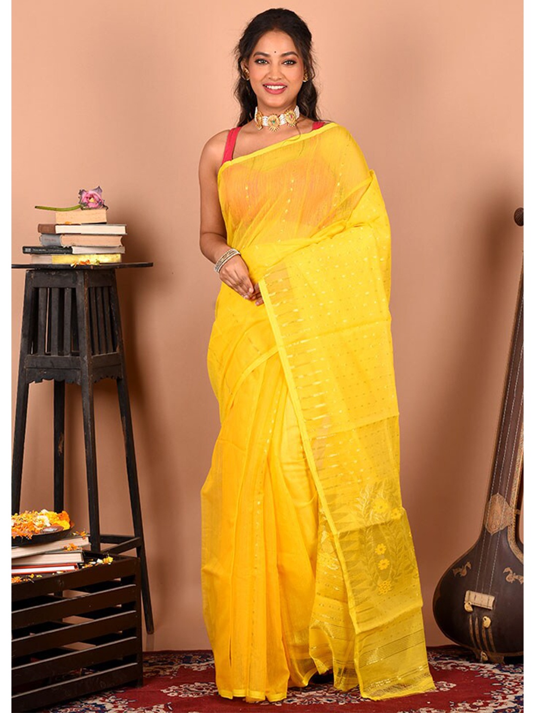 

AllSilks Striped Pure Cotton Taant Saree, Yellow