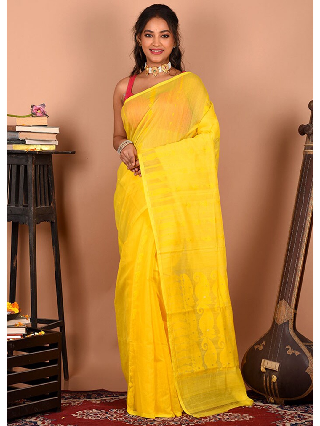 

AllSilks Striped Pure Cotton Taant Saree, Yellow