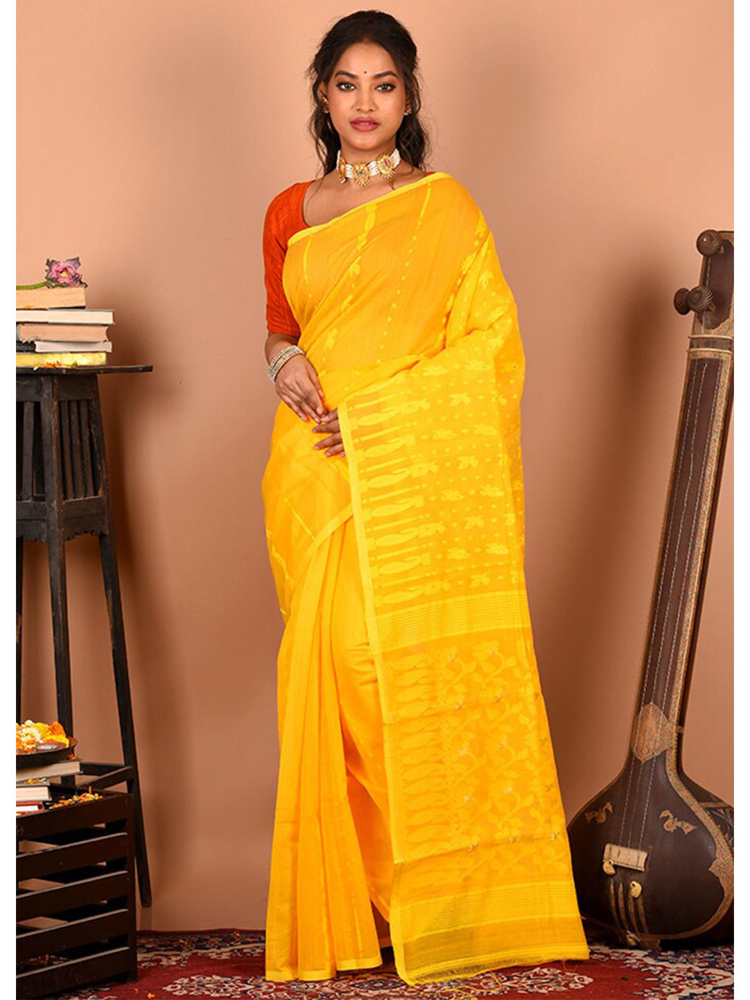 

AllSilks Ethnic Motifs Pure Cotton Taant Saree, Yellow