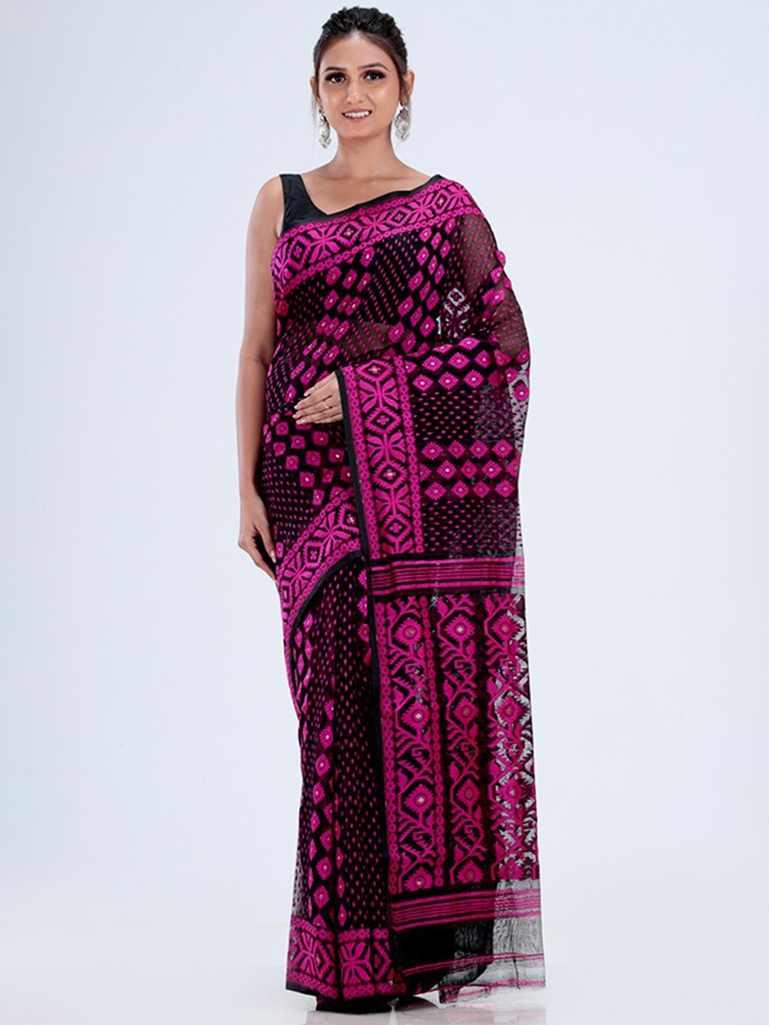 

AllSilks Woven Design Pure Cotton Taant Saree, Black