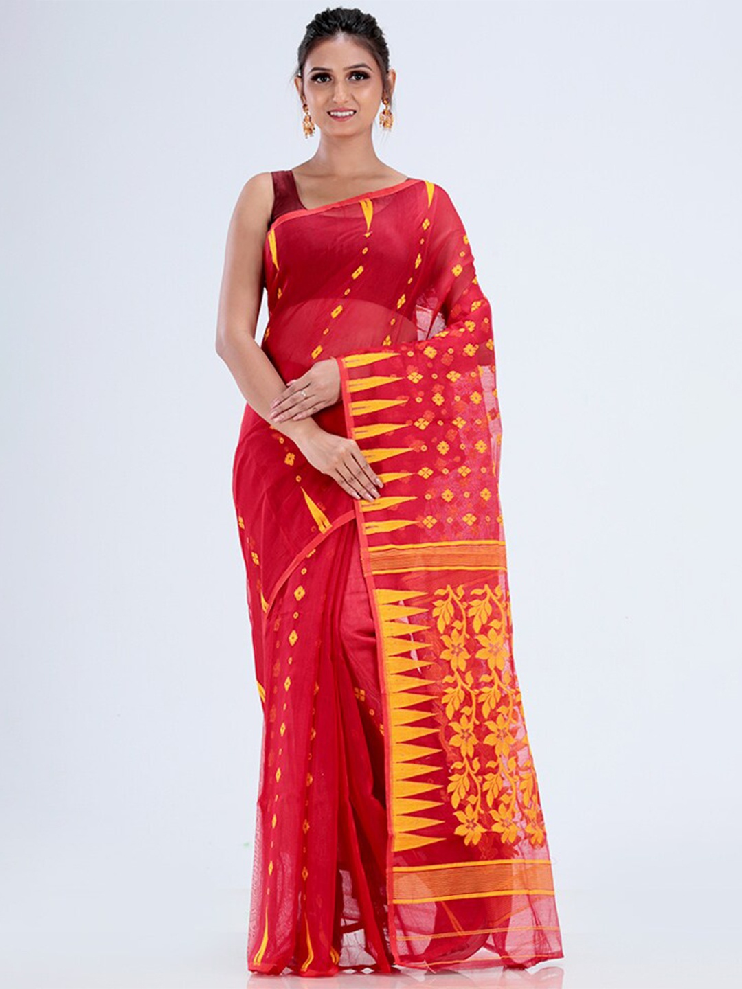 

AllSilks Woven Design Pure Cotton Taant Saree, Red