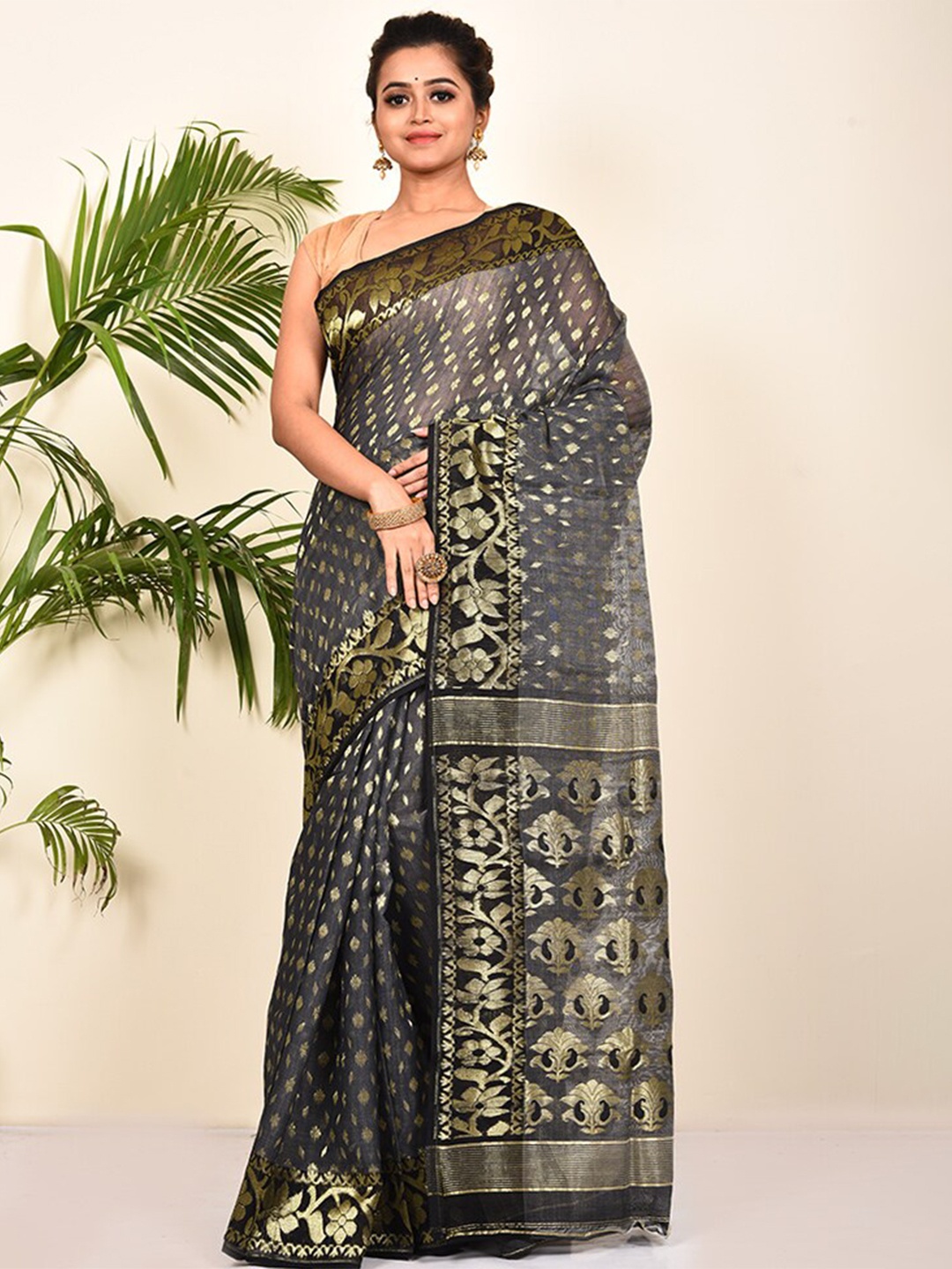 

AllSilks Ethnic Motifs Zari Pure Cotton Taant Saree, Grey