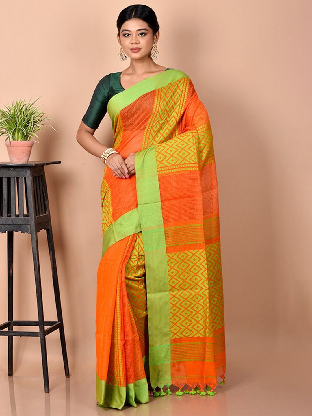 

AllSilks Orange & Green Woven Design Saree