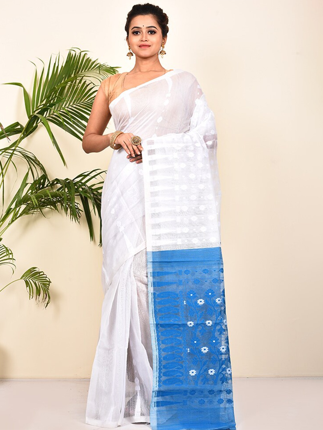 

AllSilks Floral Pure Cotton Taant Saree, White