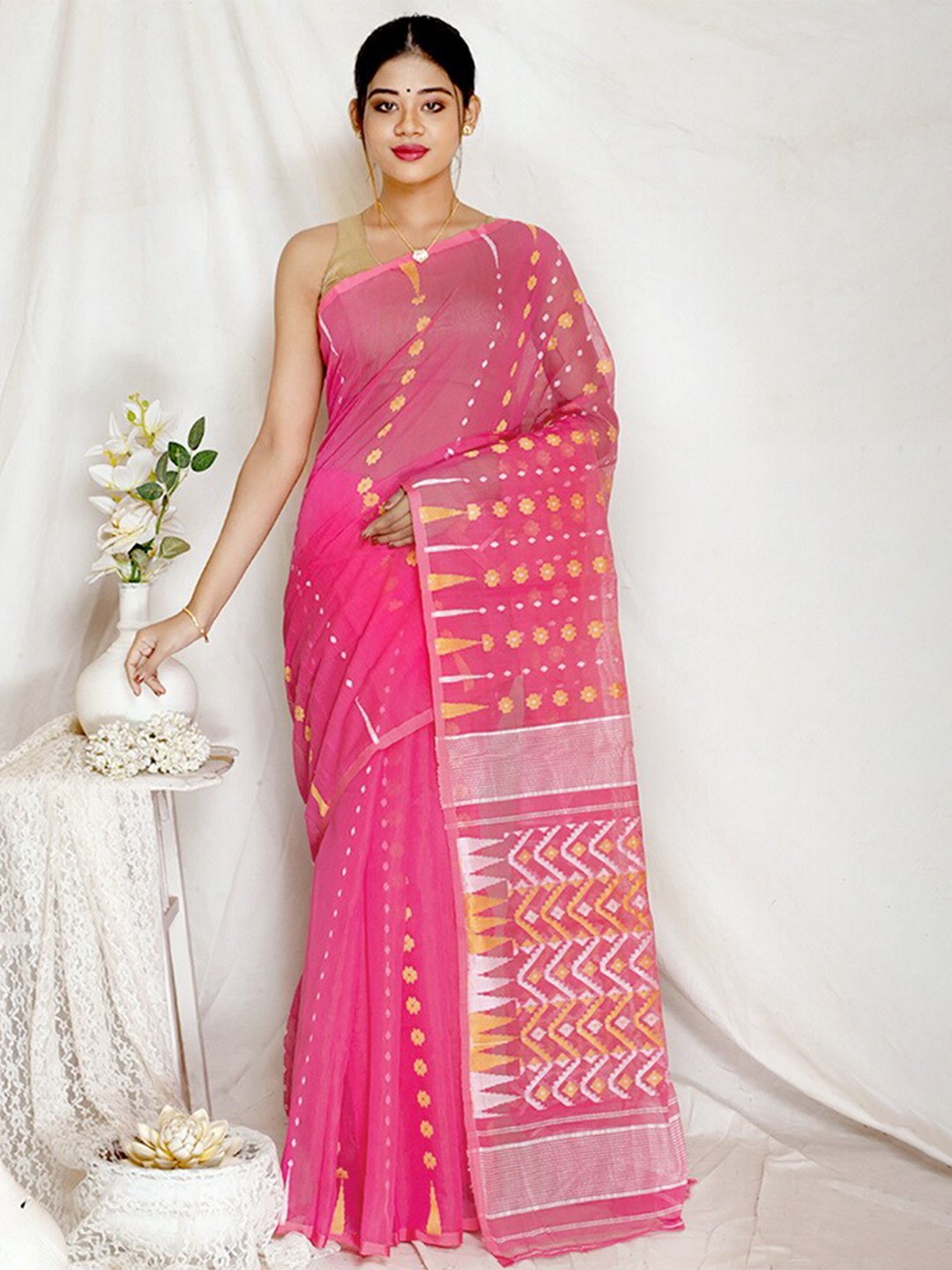 

AllSilks Woven Design Pure Cotton Taant Saree, Pink
