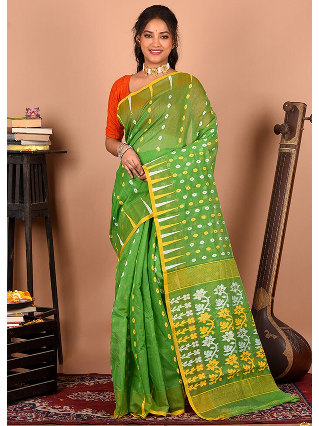 

AllSilks Woven Design Pure Cotton Taant Saree, Green