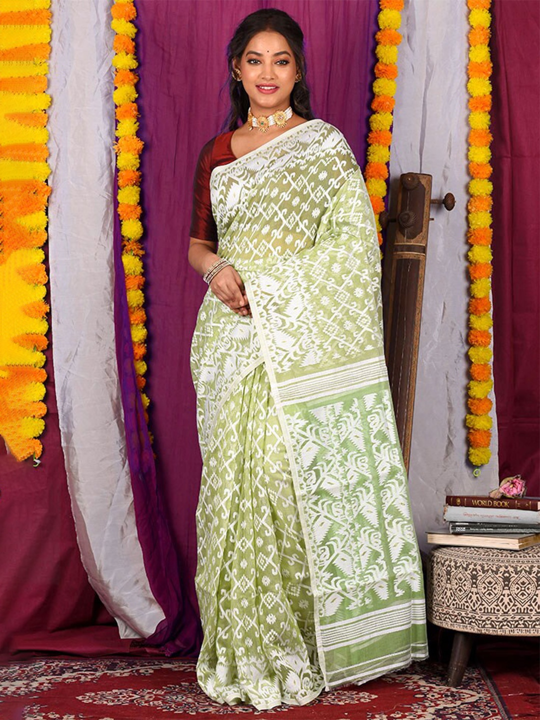 

AllSilks Woven Design Pure Cotton Taant Saree, Green