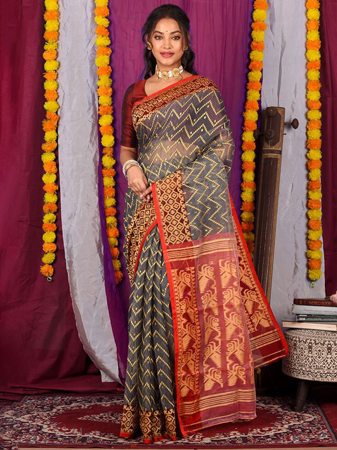 

AllSilks Woven Design Pure Cotton Taant Saree, Grey