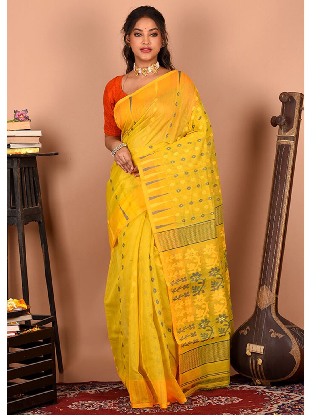 

AllSilks Woven Design Pure Cotton Taant Saree, Yellow