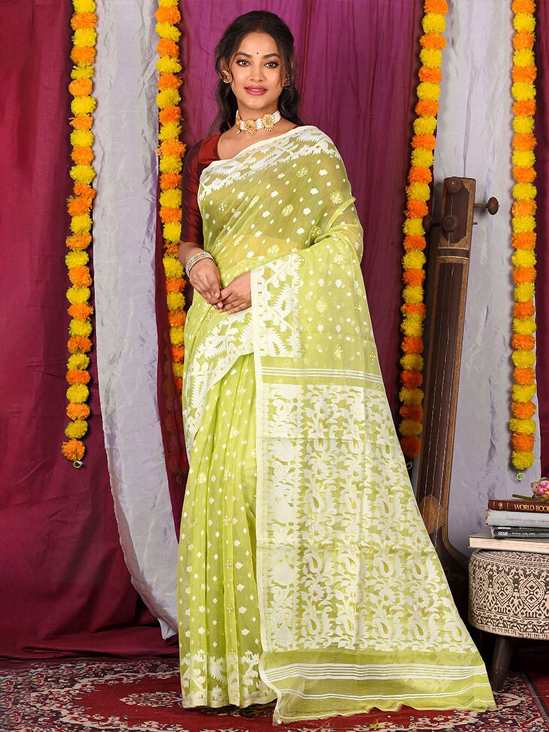 

AllSilks Woven Design Pure Cotton Taant Saree, Green