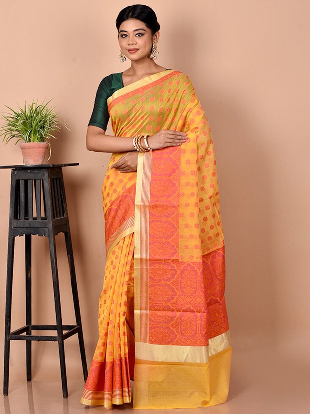 

AllSilks Woven Design Zari Silk Blend Saree, Orange
