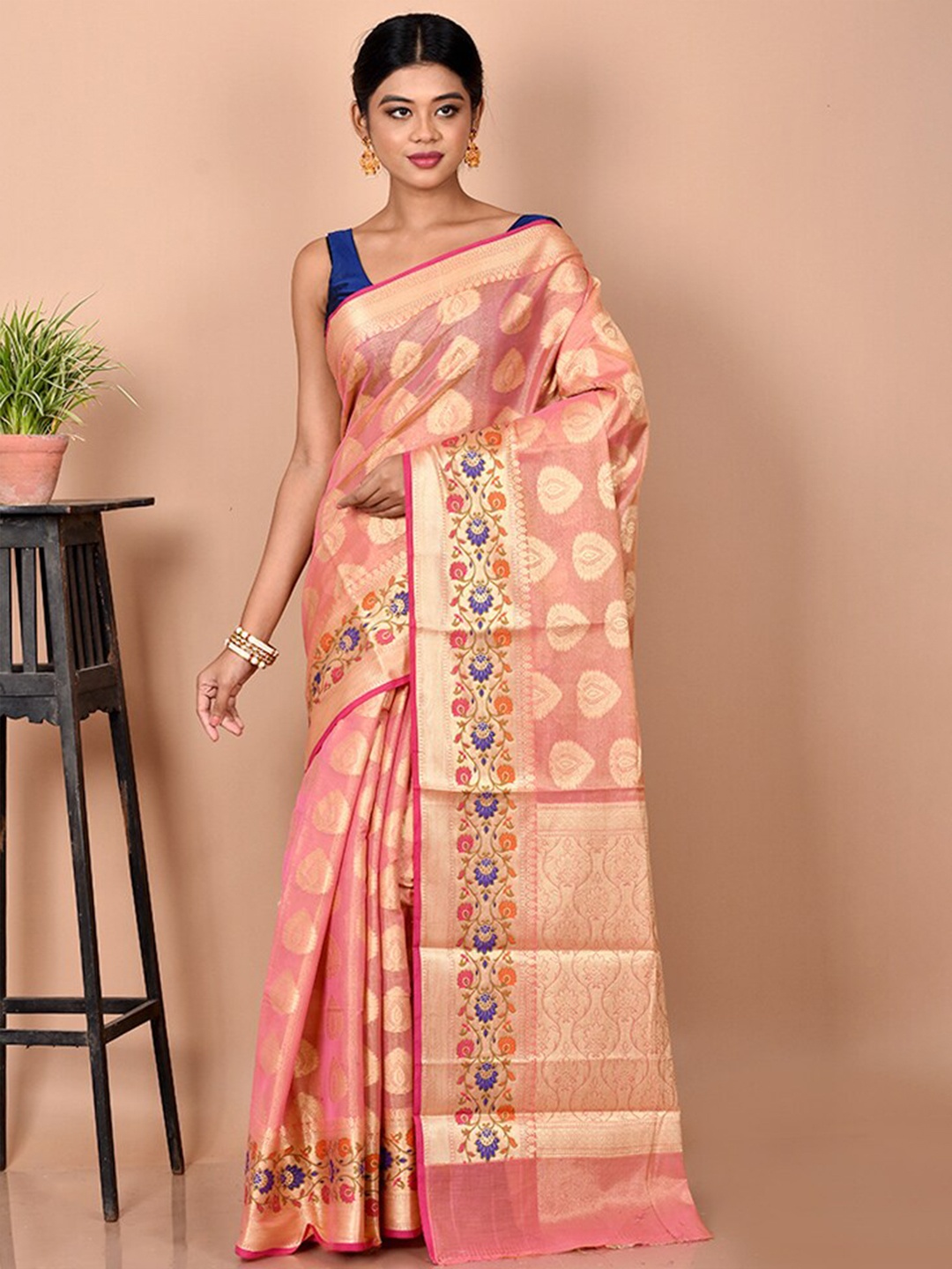 

AllSilks Woven Design Zari Silk Blend Saree, Pink