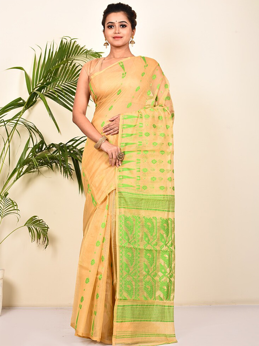 

AllSilks Woven Design Pure Cotton Taant Saree, Cream
