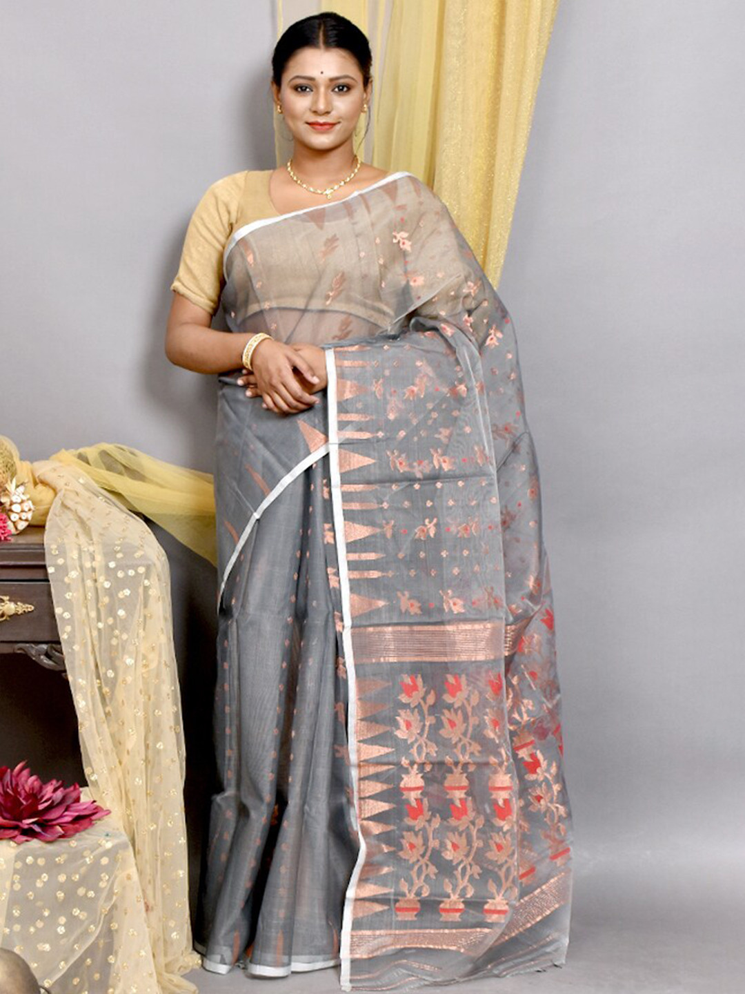 

AllSilks Woven Design Pure Cotton Taant Saree, Grey