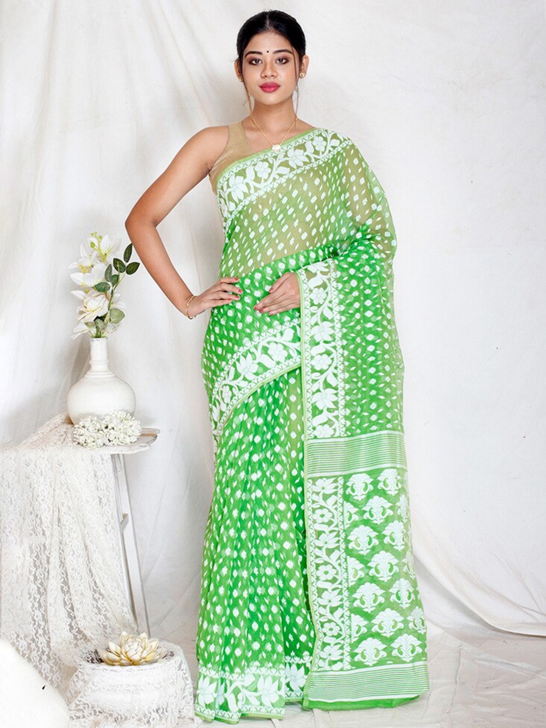

AllSilks Woven Design Pure Cotton Taant Saree, Green