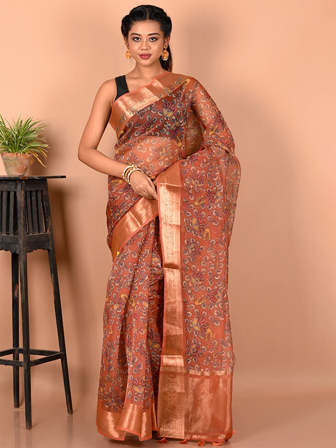 

AllSilks Floral Silk Blend Saree, Rust