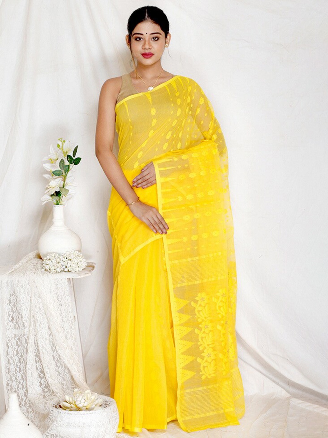 

AllSilks Woven Design Pure Cotton Taant Saree, Yellow