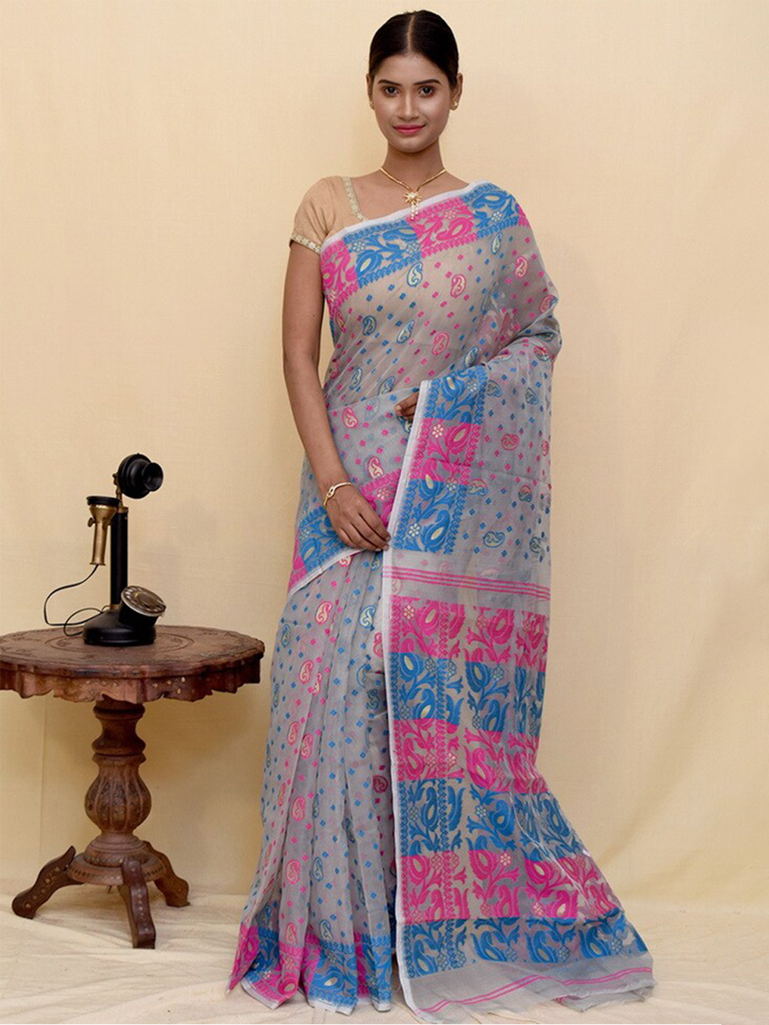 

AllSilks Woven Design Pure Cotton Taant Saree, Grey