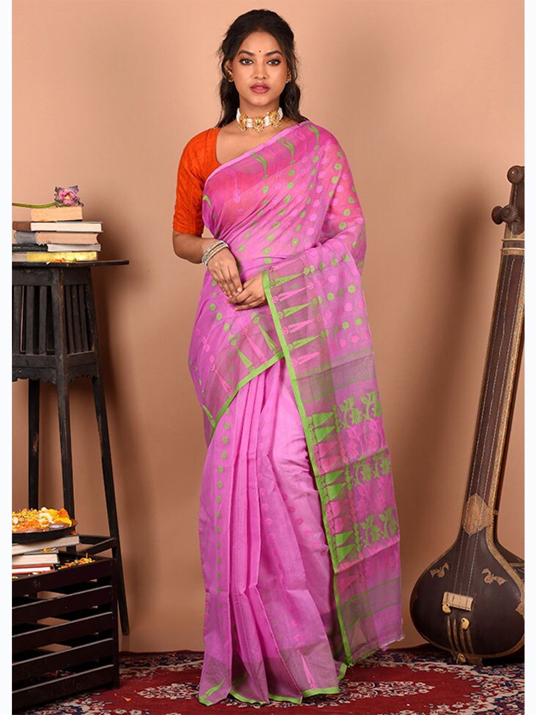 

AllSilks Woven Design Pure Cotton Taant Saree, Pink