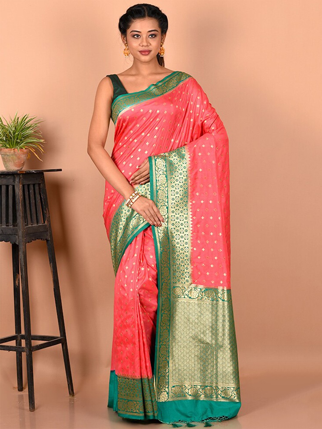 

AllSilks Woven Design Zari Silk Blend Saree, Pink