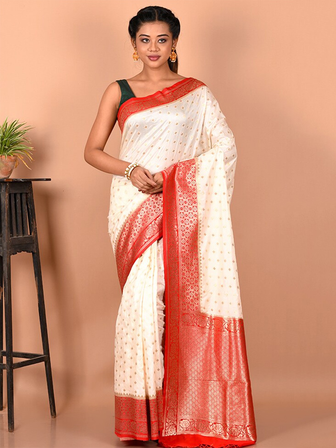 

AllSilks Woven Design Zari Silk Blend Saree, White
