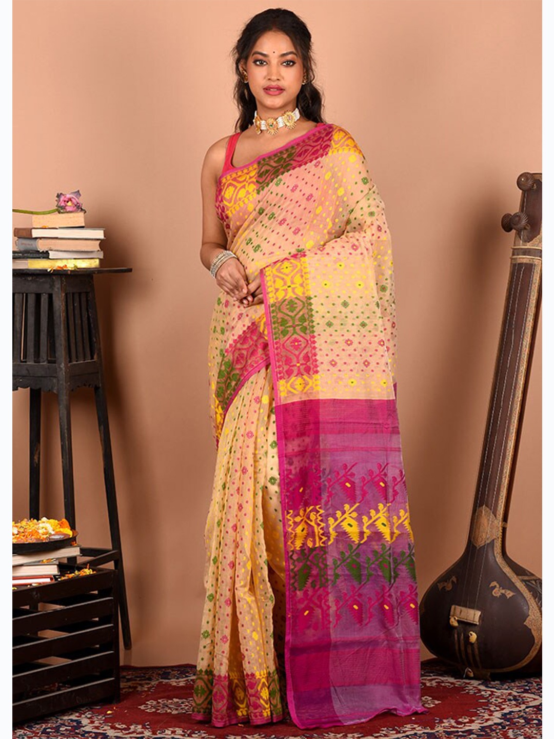 

AllSilks Woven Design Pure Cotton Taant Saree, Cream