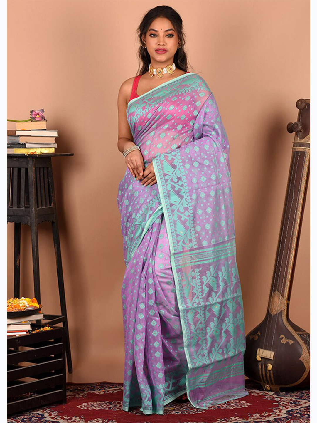 

AllSilks Mauve & Blue Woven Design Pure Cotton Taant Saree