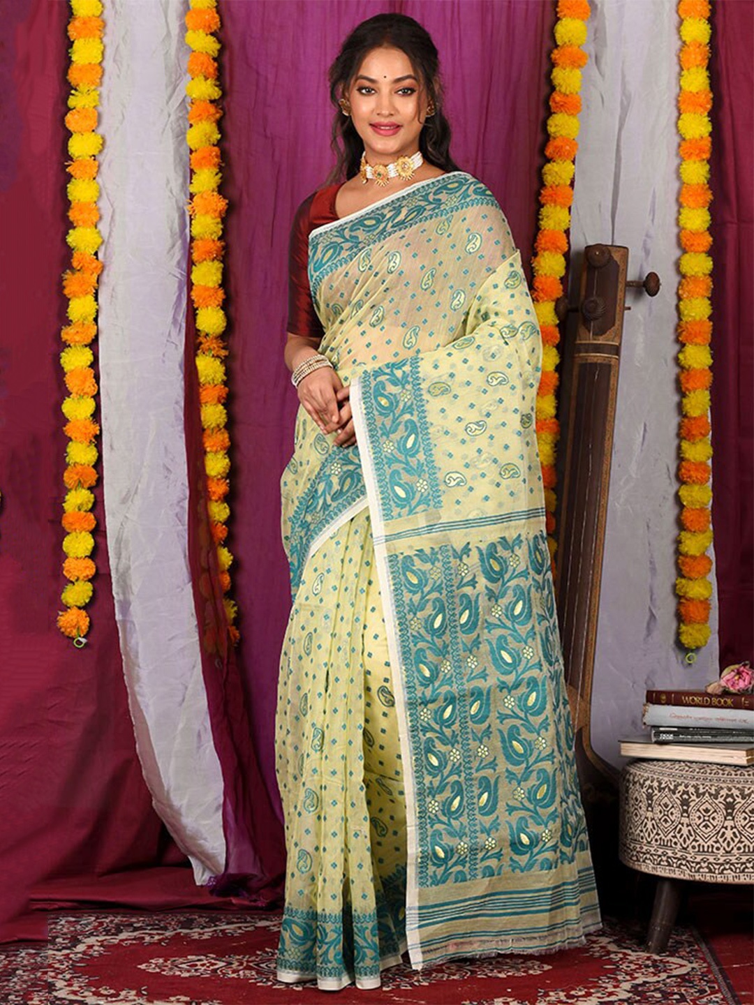 

AllSilks Woven Design Pure Cotton Taant Saree, Cream