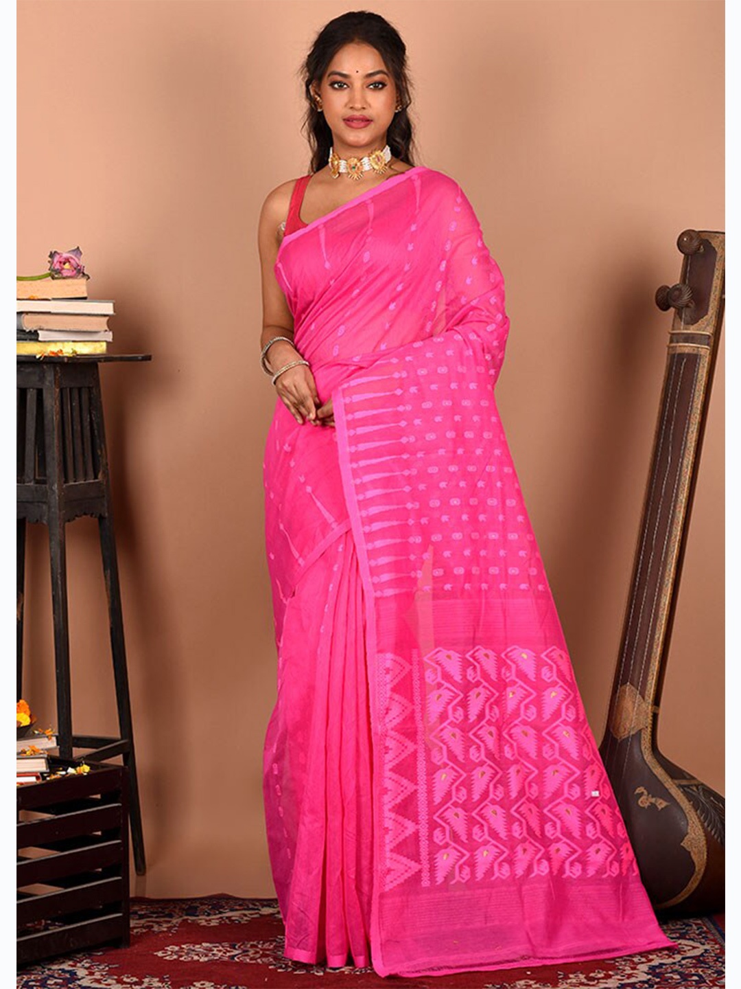 

AllSilks Woven Design Pure Cotton Taant Saree, Pink