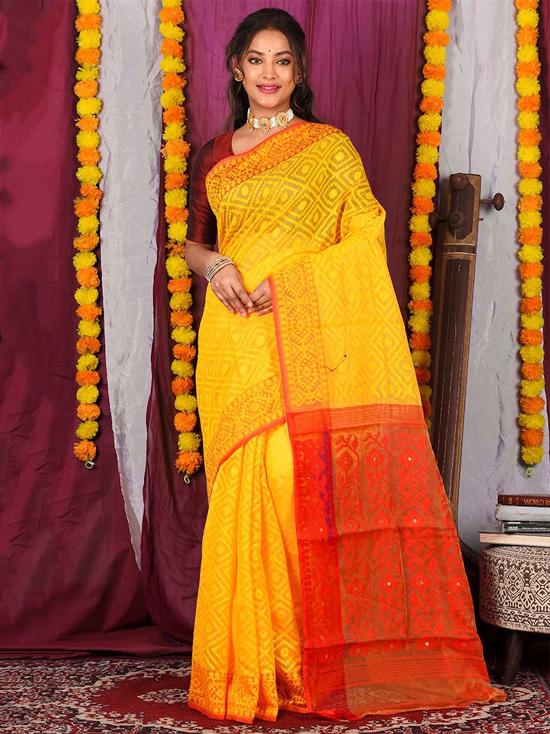 

AllSilks Woven Design Pure Cotton Taant Saree, Yellow