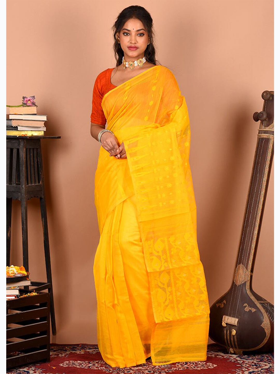 

AllSilks Yellow Woven Design Pure Cotton Taant Saree