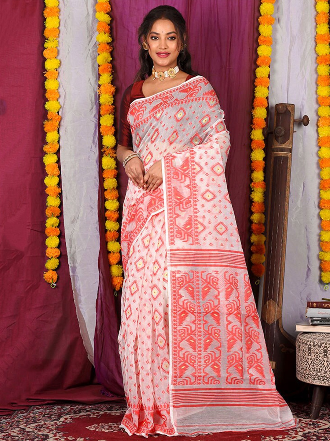 

AllSilks Woven Design Pure Cotton Taant Saree, White