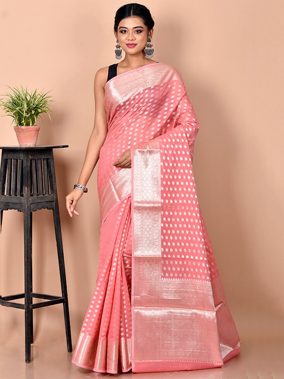 

AllSilks Woven Design Zari Silk Blend Saree, Pink