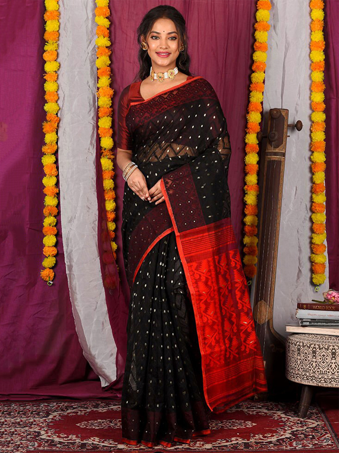

AllSilks Woven Design Pure Cotton Taant Saree, Black