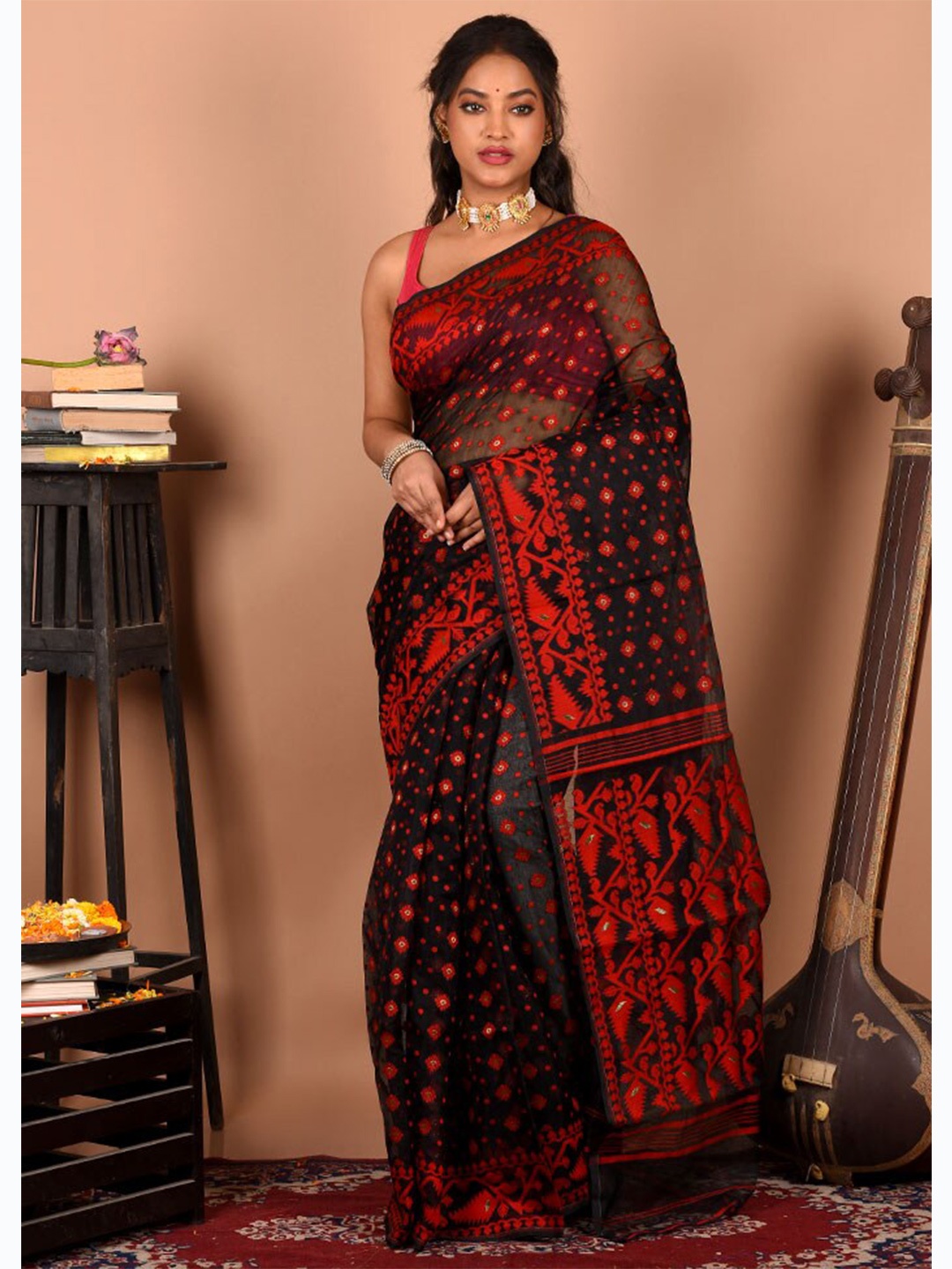 

AllSilks Woven Design Pure Cotton Taant Saree, Black