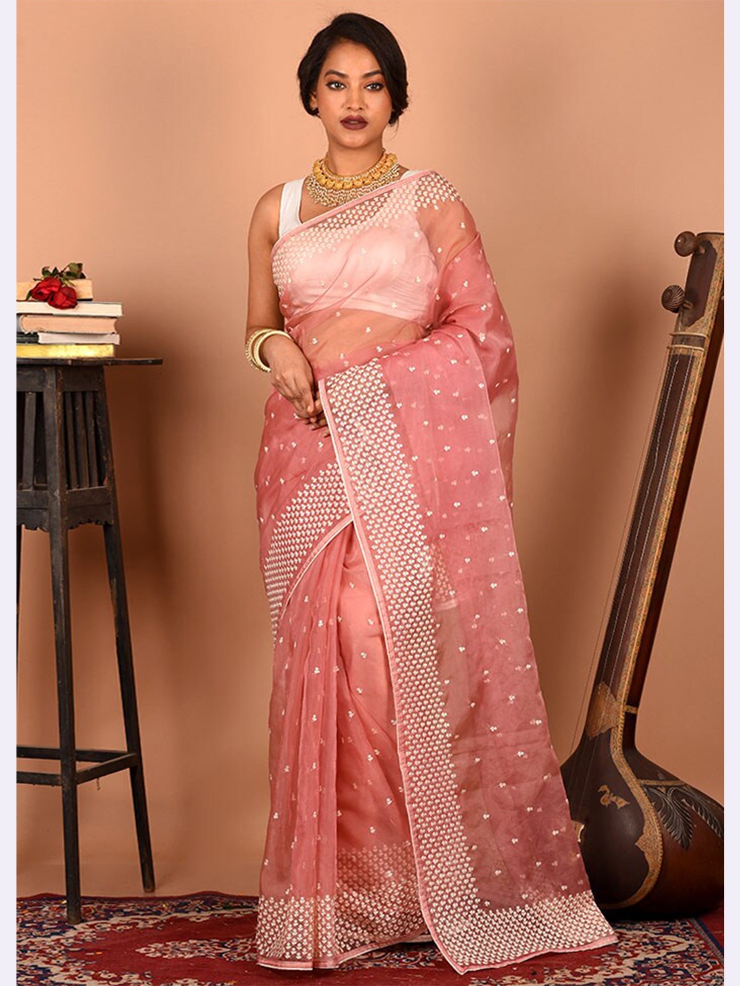 

AllSilks Floral Embroidered Silk Blend Saree, Pink